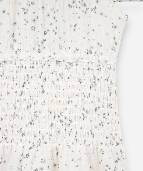 vestido juvenil com lastex e manga curta com estampa floral off white