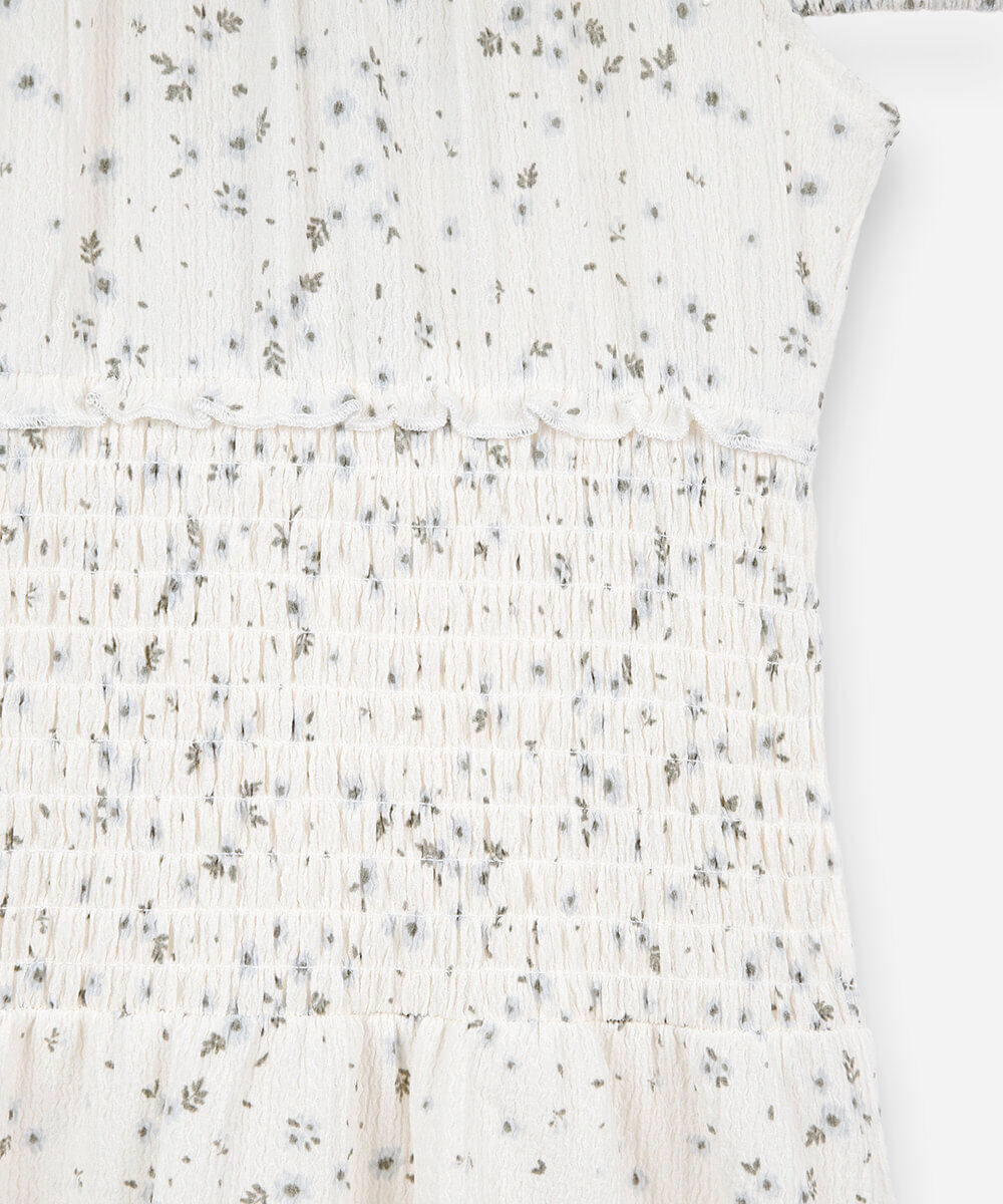 vestido juvenil com lastex e manga curta com estampa floral off white
