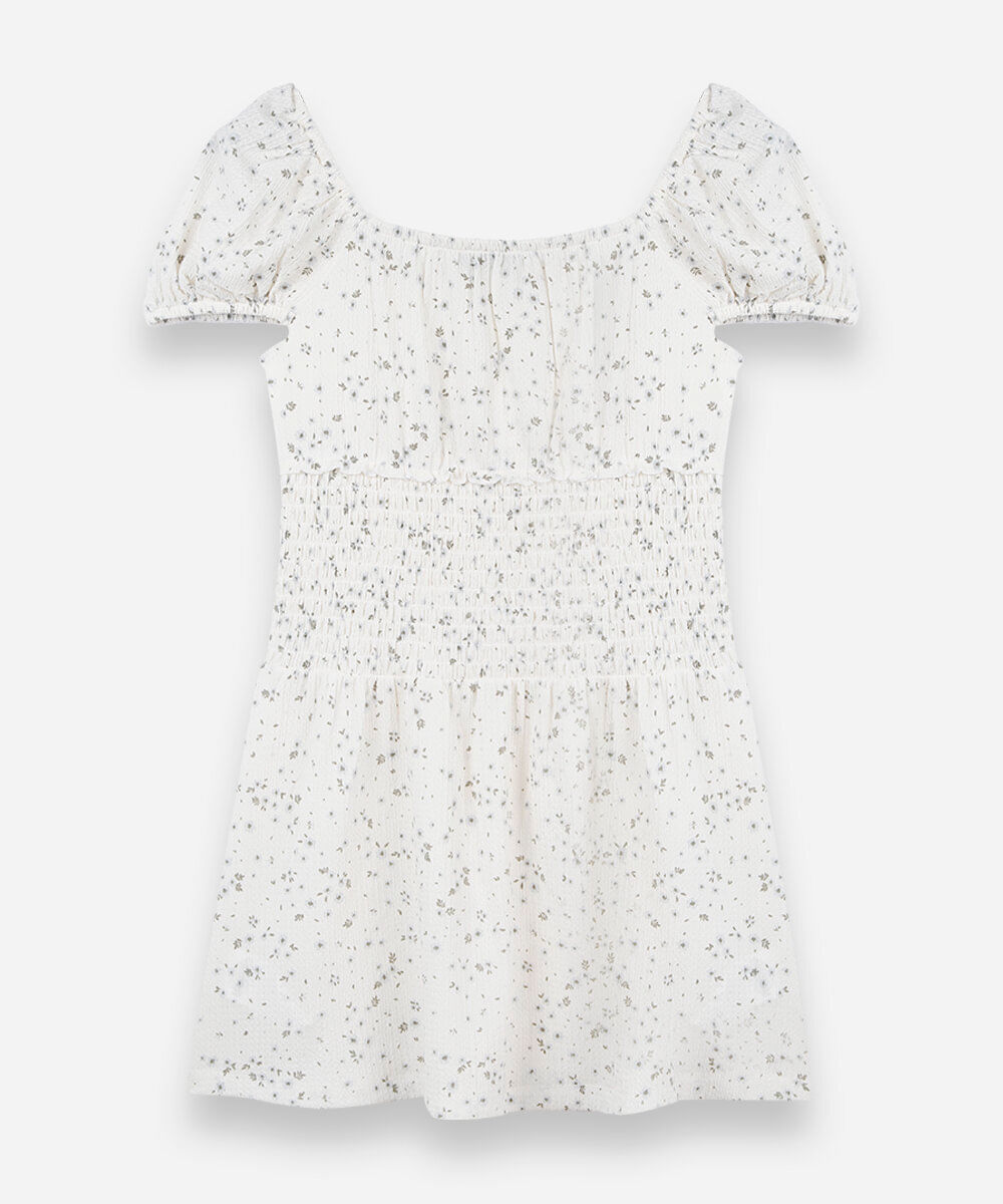 vestido juvenil com lastex e manga curta com estampa floral off white