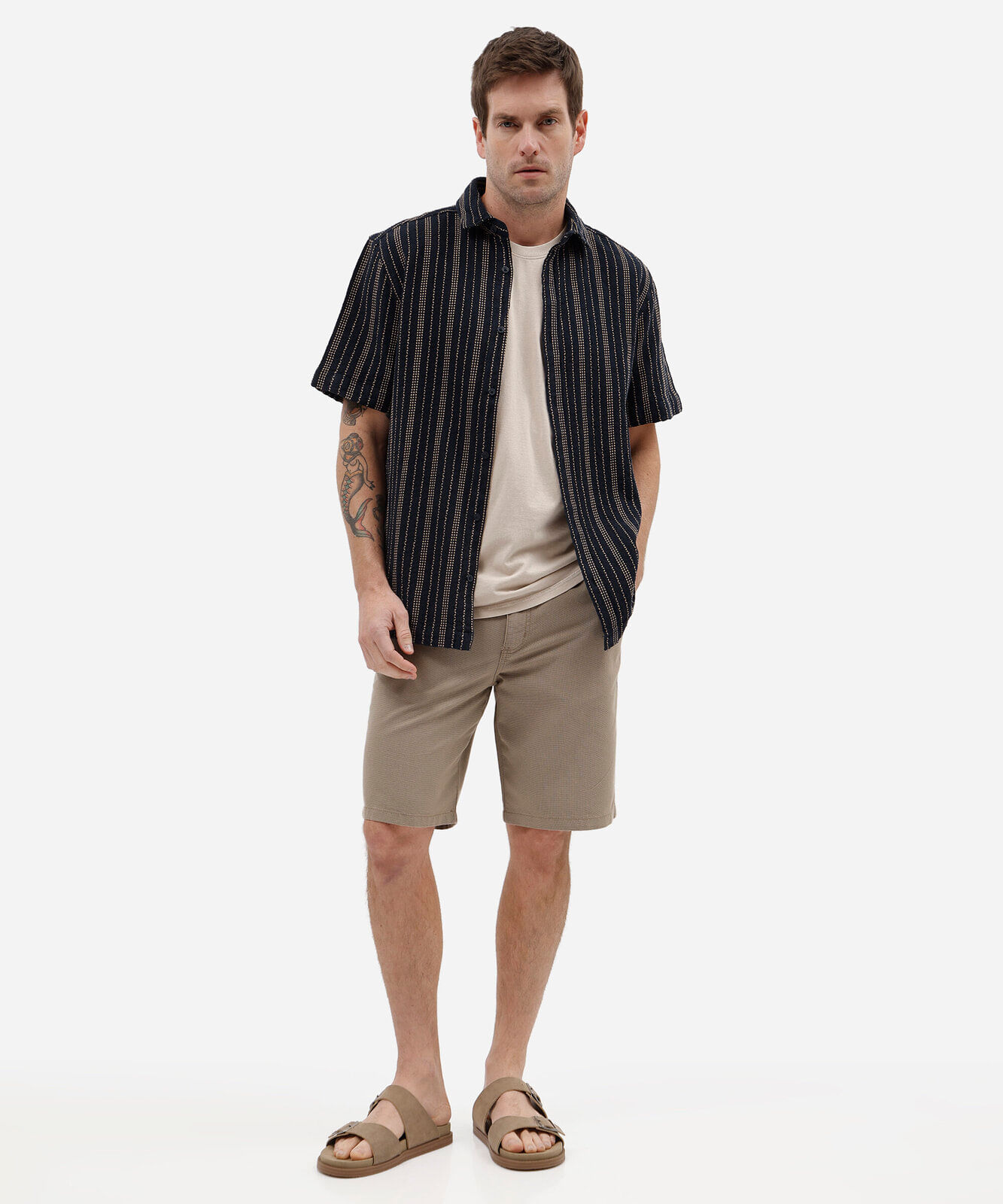 camisa masculina de algodão manga curta listrada azul