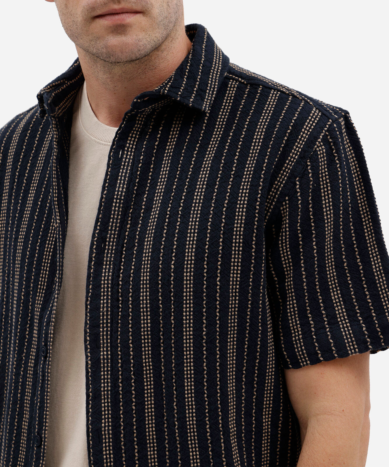 camisa masculina de algodão manga curta listrada azul