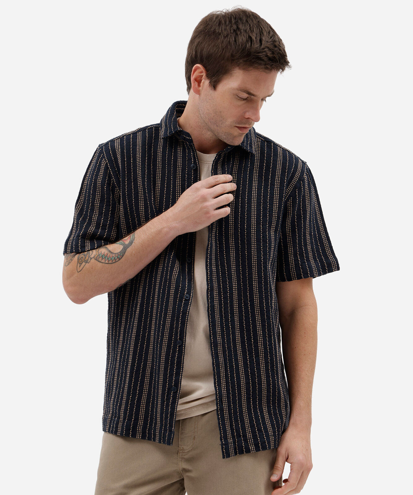camisa masculina de algodão manga curta listrada azul