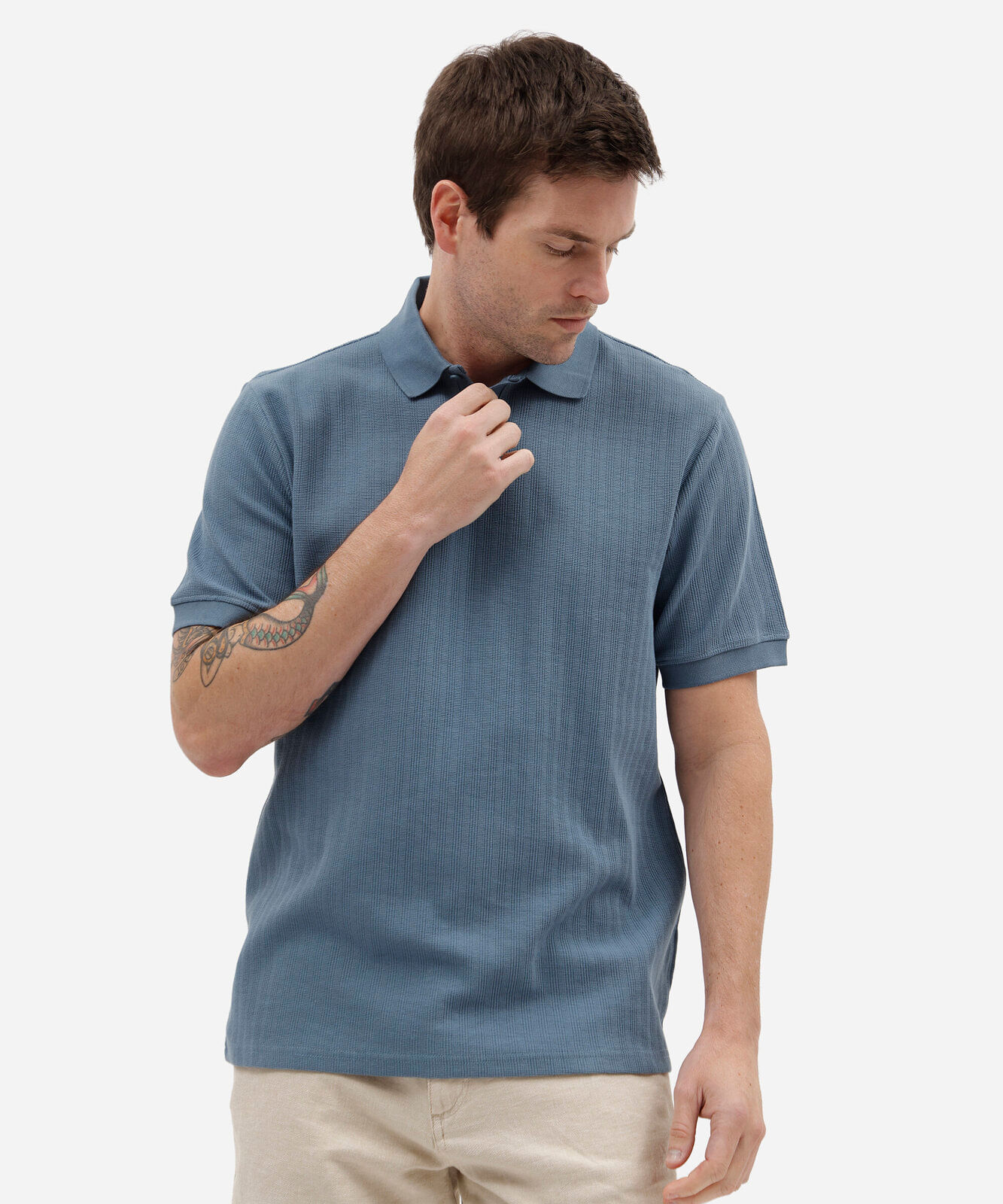 polo masculina de algodão manga curta texturizada azul