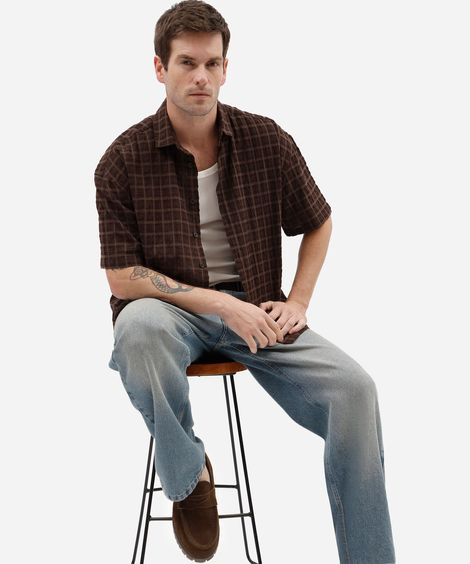 camisa box fit masculina de algodão manga curta xadrez marrom
