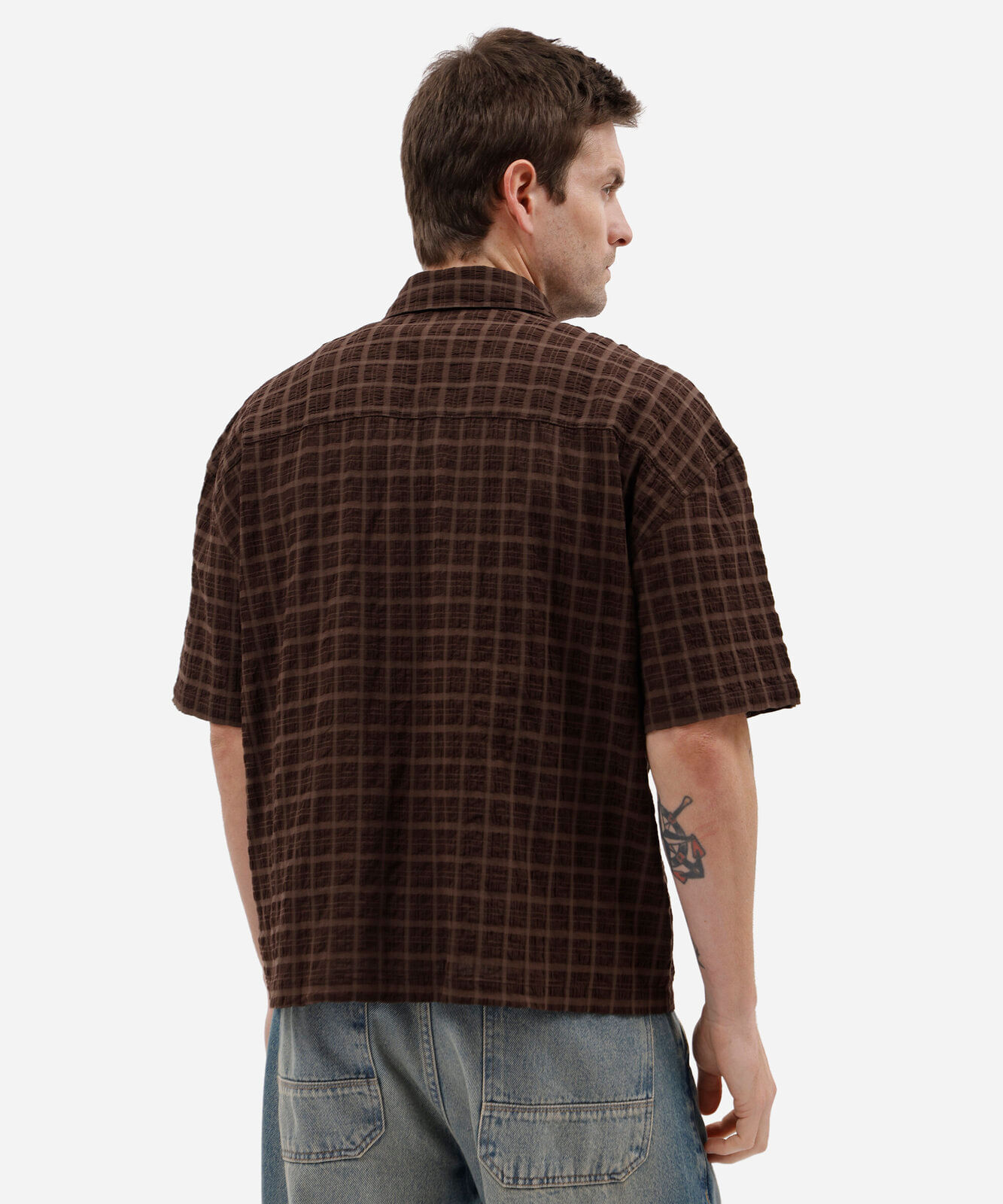 camisa box fit masculina de algodão manga curta xadrez marrom