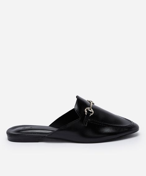mule feminino flat com detalhe metálico preto
