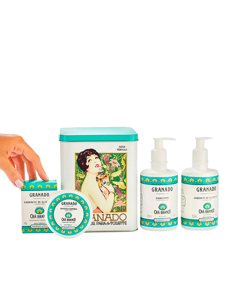kit granado com lata chá branco