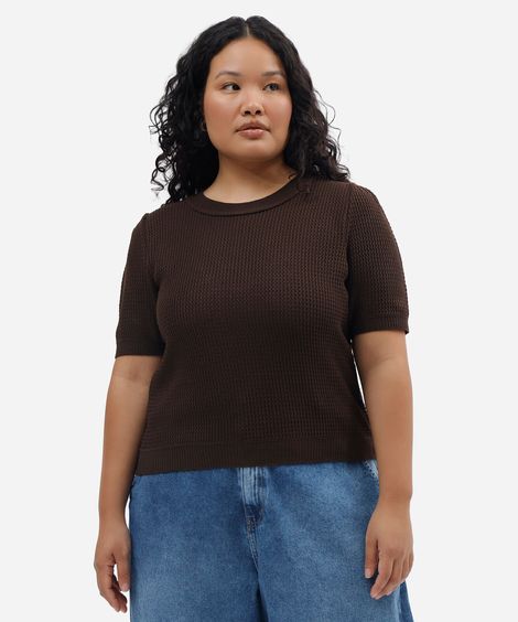 blusa feminina de tricot manga bufante texturizada plus size marrom