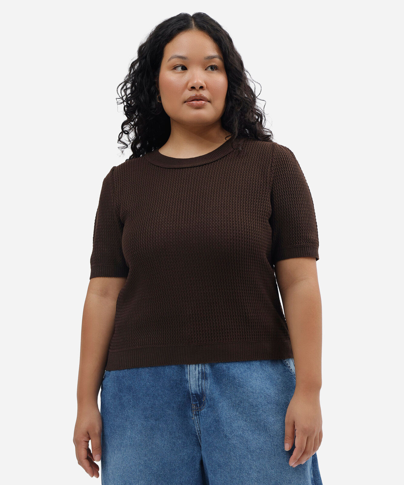 blusa feminina de tricot manga bufante texturizada plus size marrom