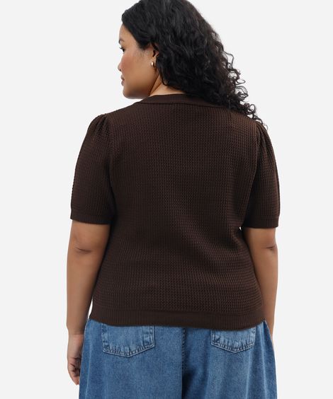 blusa feminina de tricot manga bufante texturizada plus size marrom