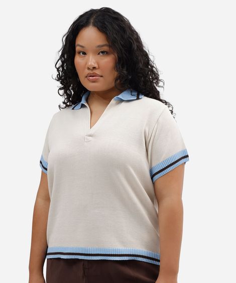 polo feminina de tricot manga curta plus size off white