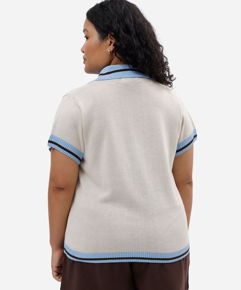 polo feminina de tricot manga curta plus size off white