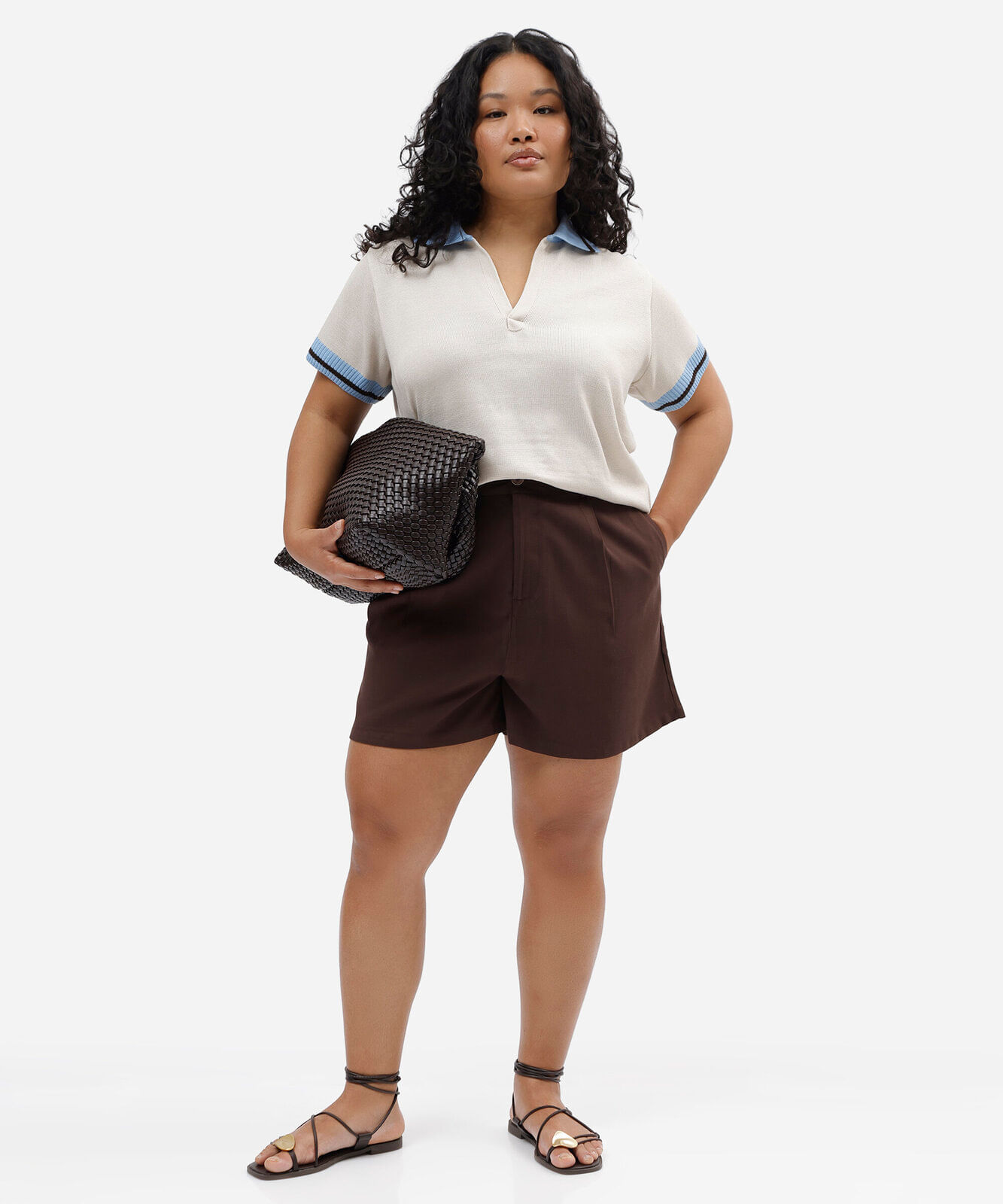 polo feminina de tricot manga curta plus size off white