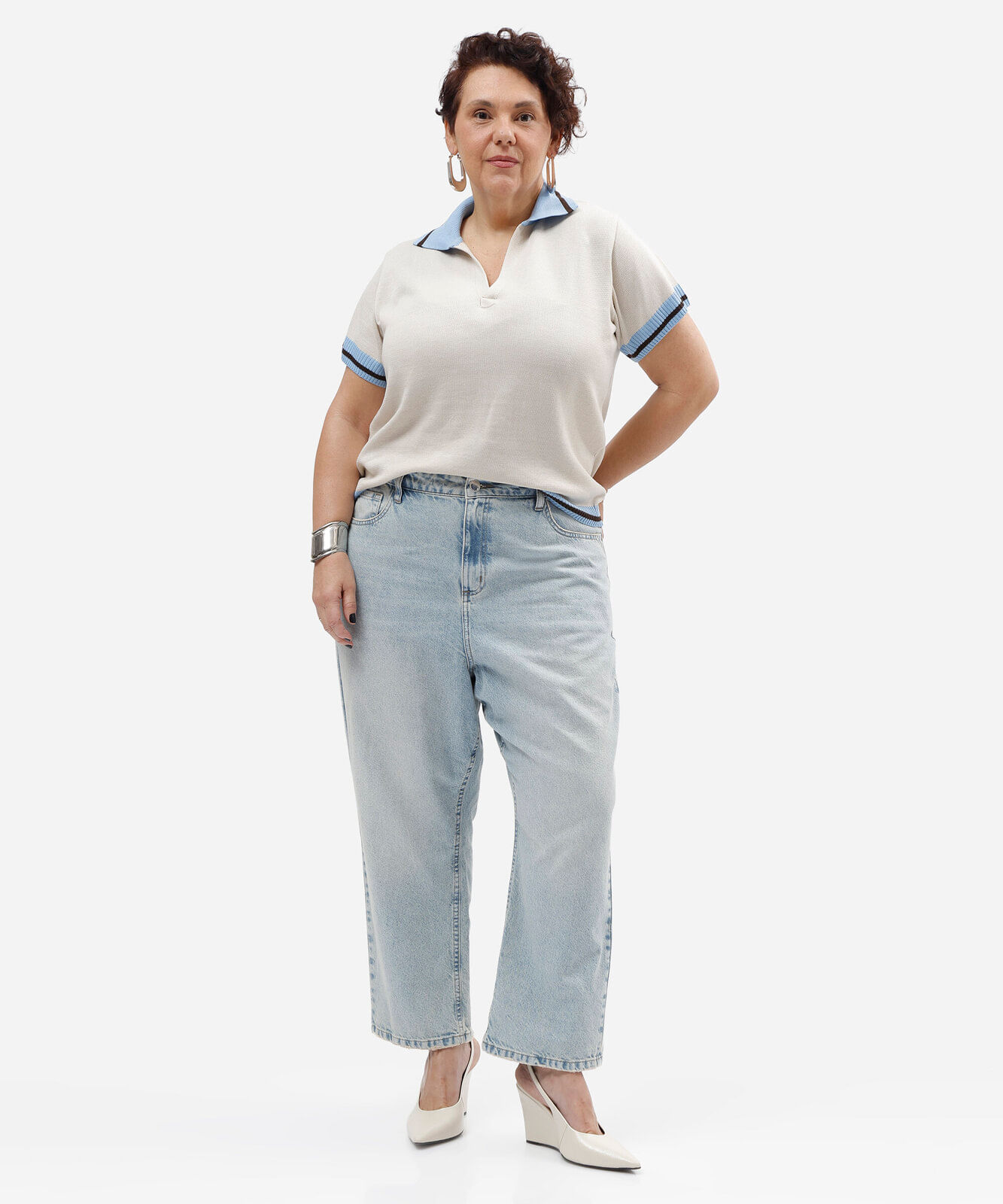 polo feminina de tricot manga curta plus size off white