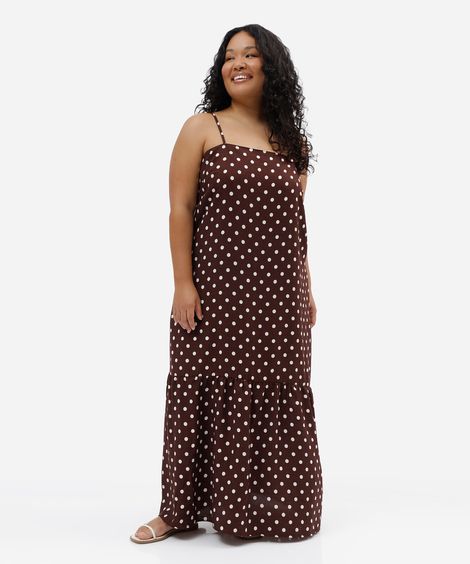 vestido longo alça fina feminino com viscose e bolsos poá plus size marrom