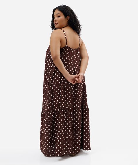 vestido longo alça fina feminino com viscose e bolsos poá plus size marrom