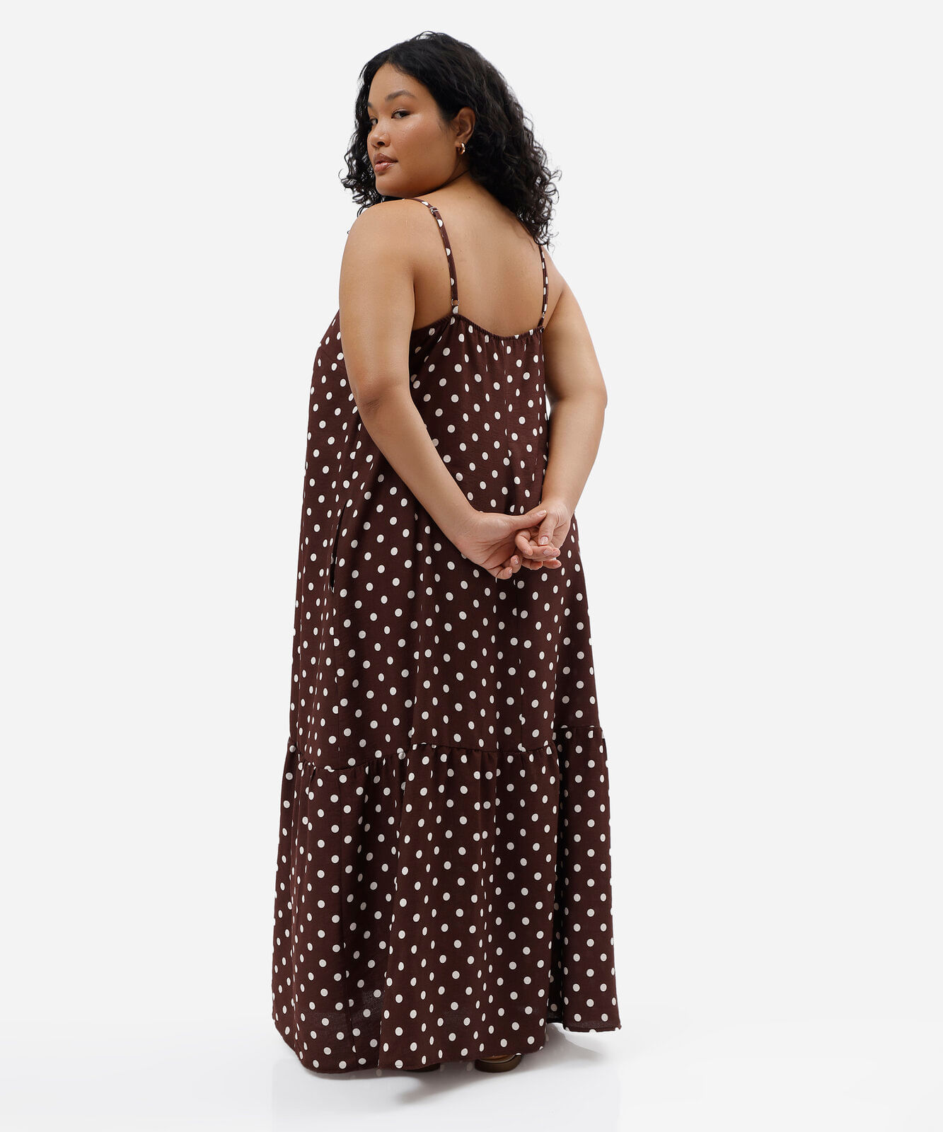 vestido longo alça fina feminino com viscose e bolsos poá plus size marrom