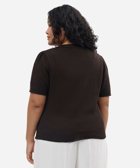 blusa feminina de tricot manga bufante texturizada plus size marrom