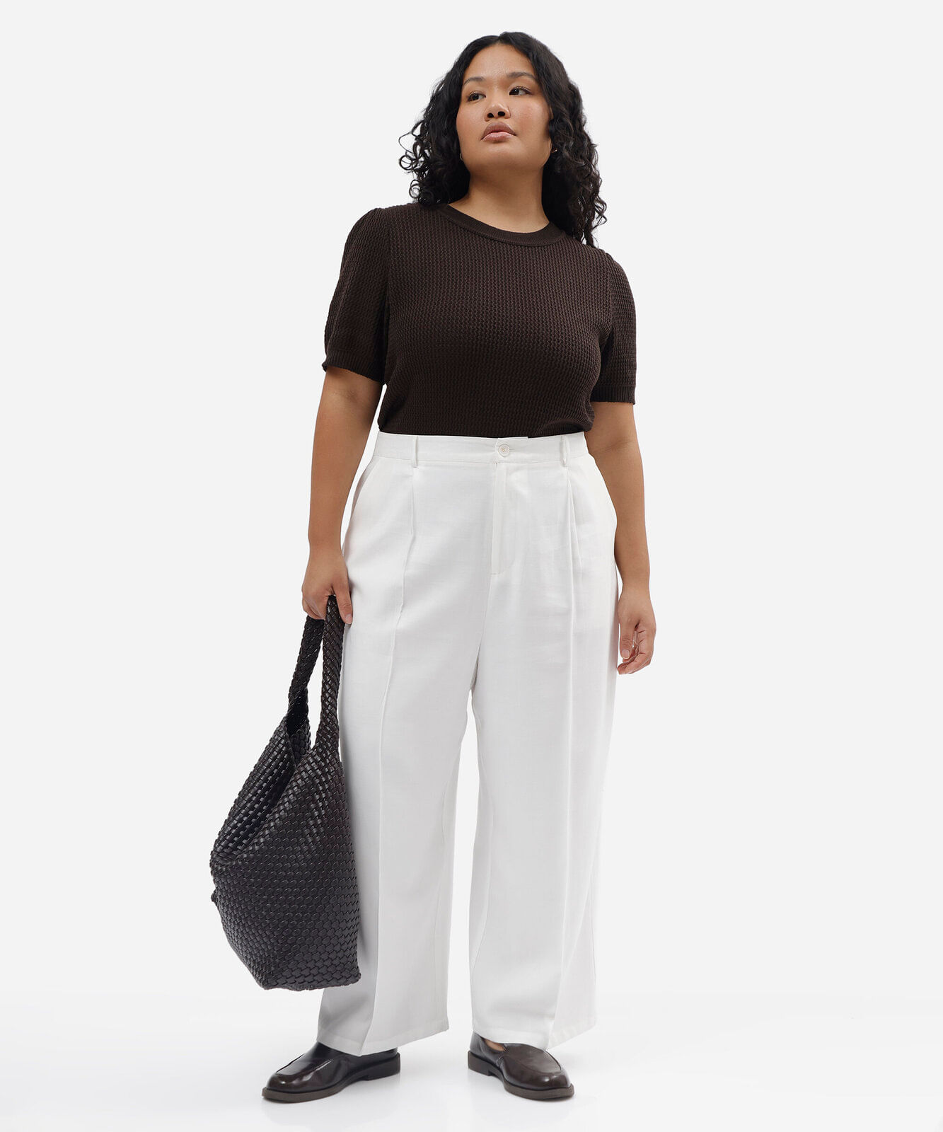 blusa feminina de tricot manga bufante texturizada plus size marrom