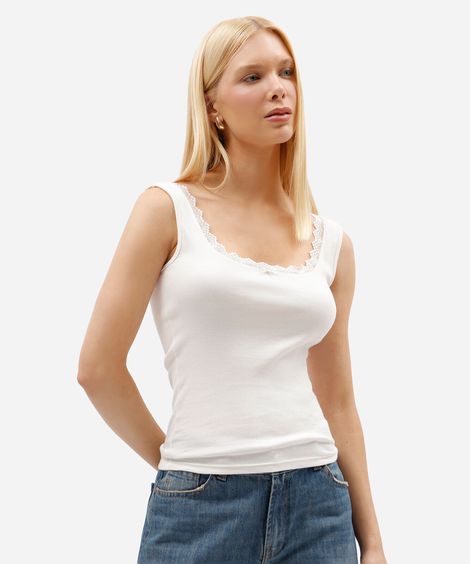 regata feminina de algodão com renda canelada off white