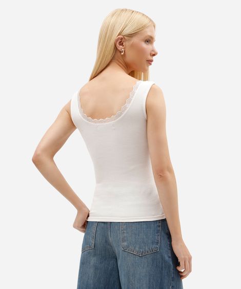 regata feminina de algodão com renda canelada off white