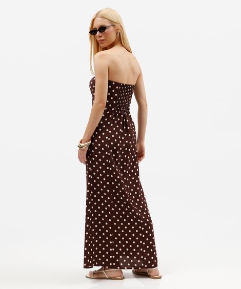 vestido longo feminino com viscose sem alça poá marrom