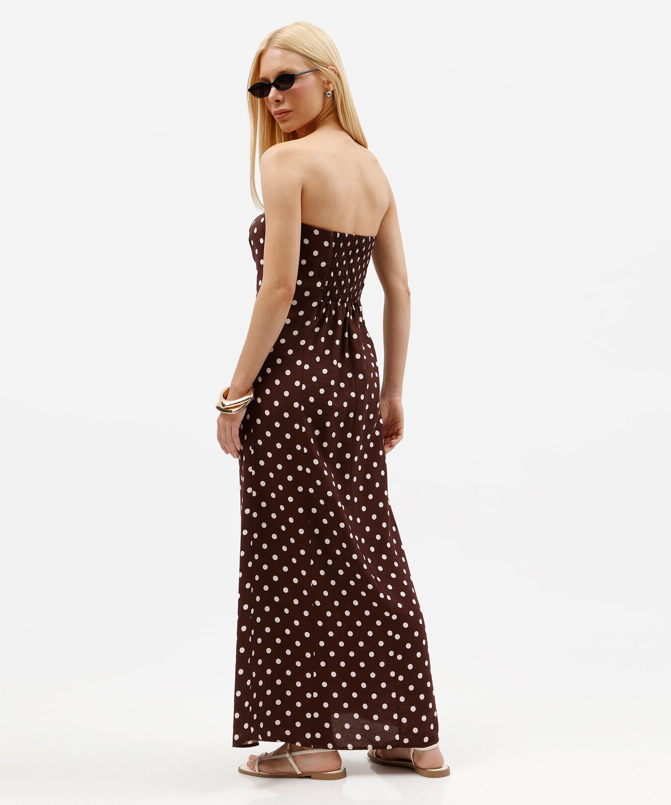 vestido longo feminino com viscose sem alça poá marrom