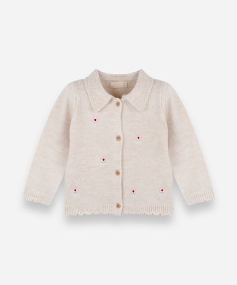 casaco infantil de tricot com gola boneca e bordado floral bege