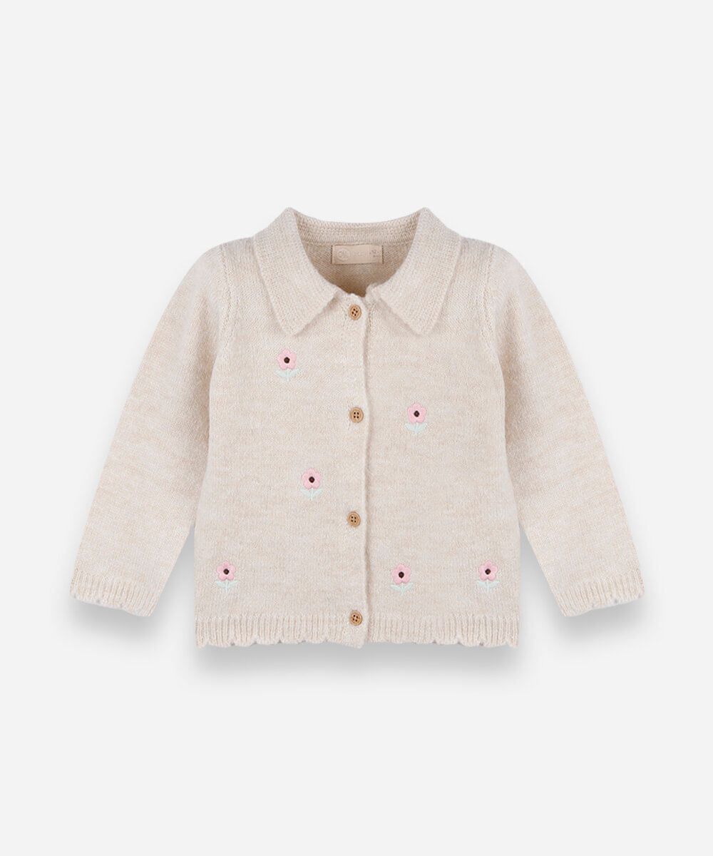 casaco infantil de tricot com gola boneca e bordado floral bege