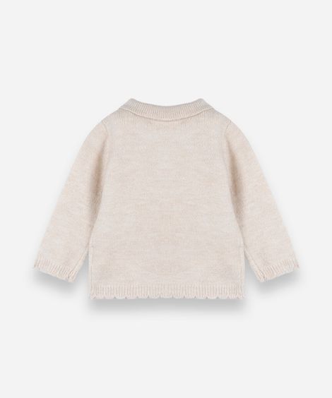 casaco infantil de tricot com gola boneca e bordado floral bege