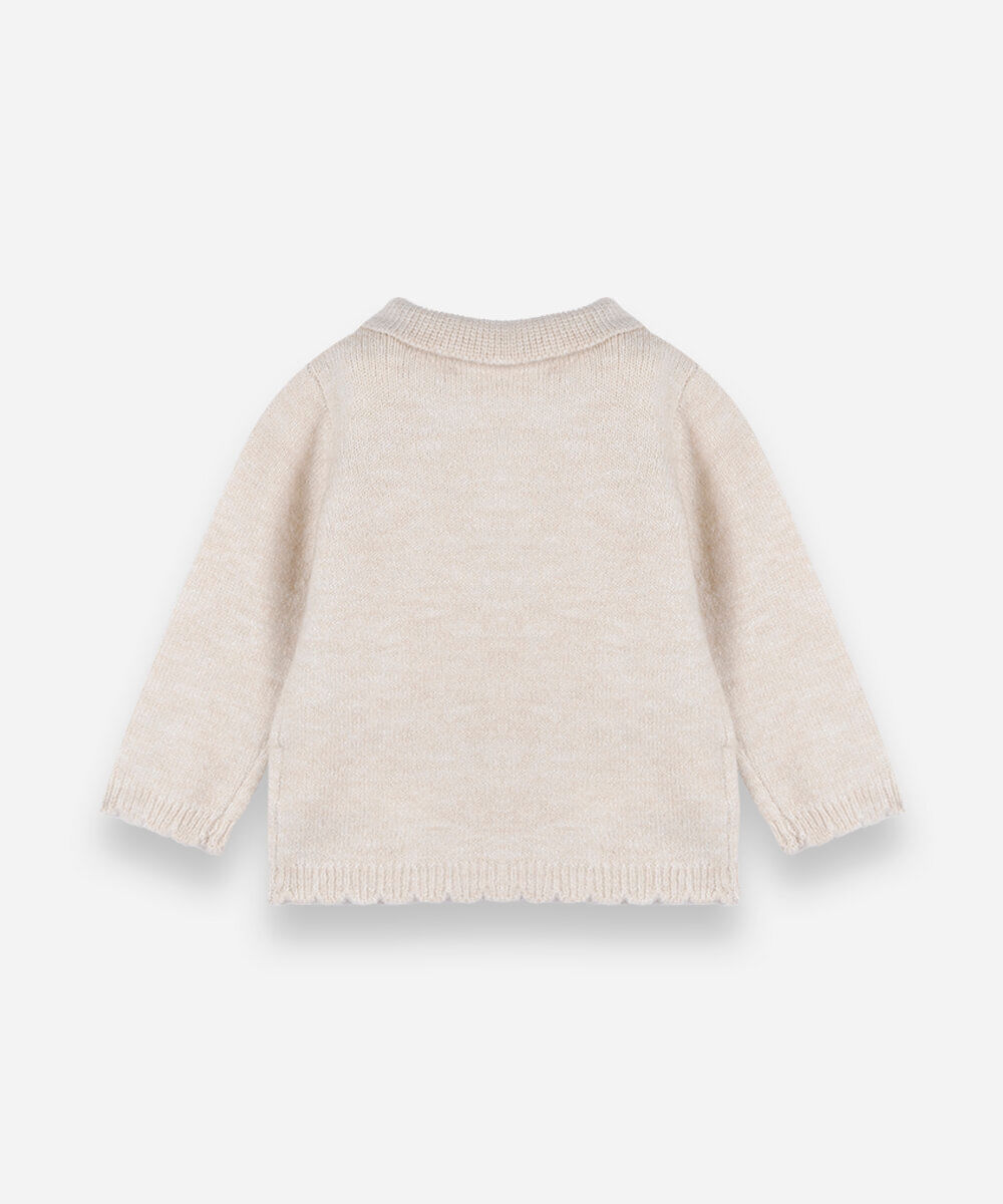 casaco infantil de tricot com gola boneca e bordado floral bege