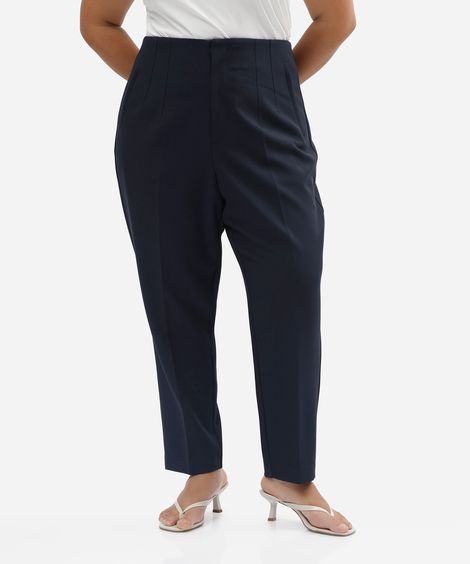 calça reta de alfaiataria feminina com pences plus size azul