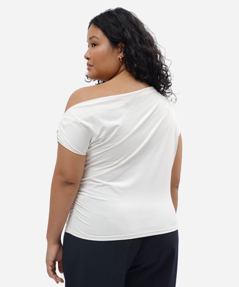 blusa feminina de poliamida assimétrica franzida plus size off white