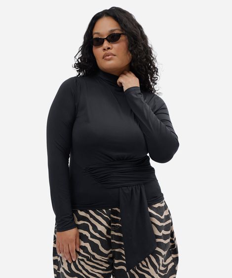 blusa feminina manga longa franzida mindset plus size preta