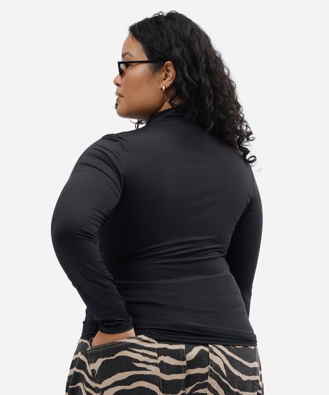 blusa feminina manga longa franzida mindset plus size preta