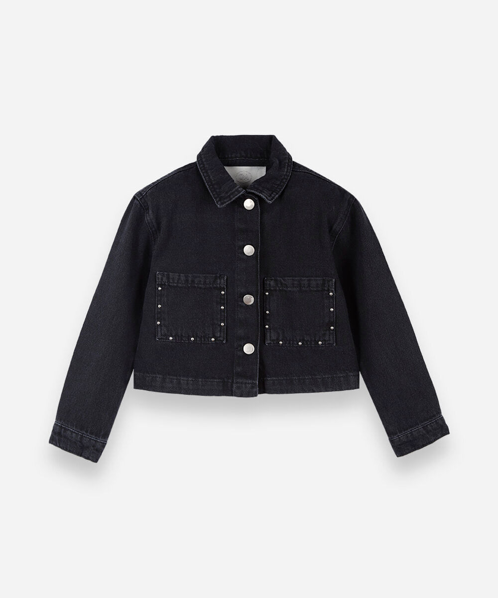 jaqueta infantil jeans com tachas preta