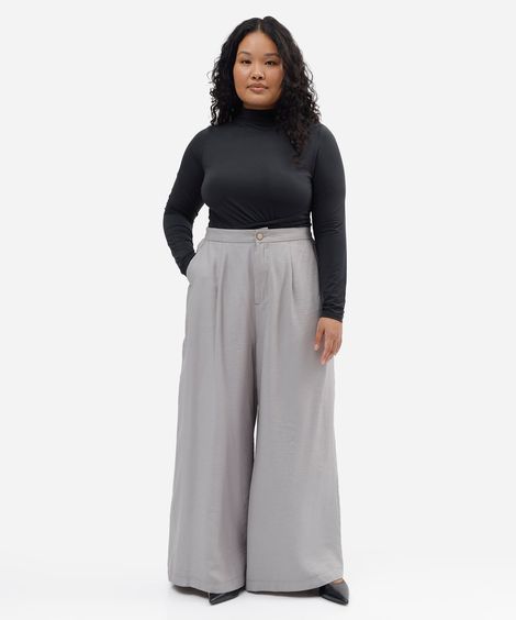calça alfaiataria com prega e bolso plus size cinza