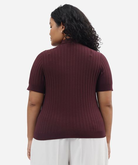 polo feminina de tricot manga curta canelada plus size vinho