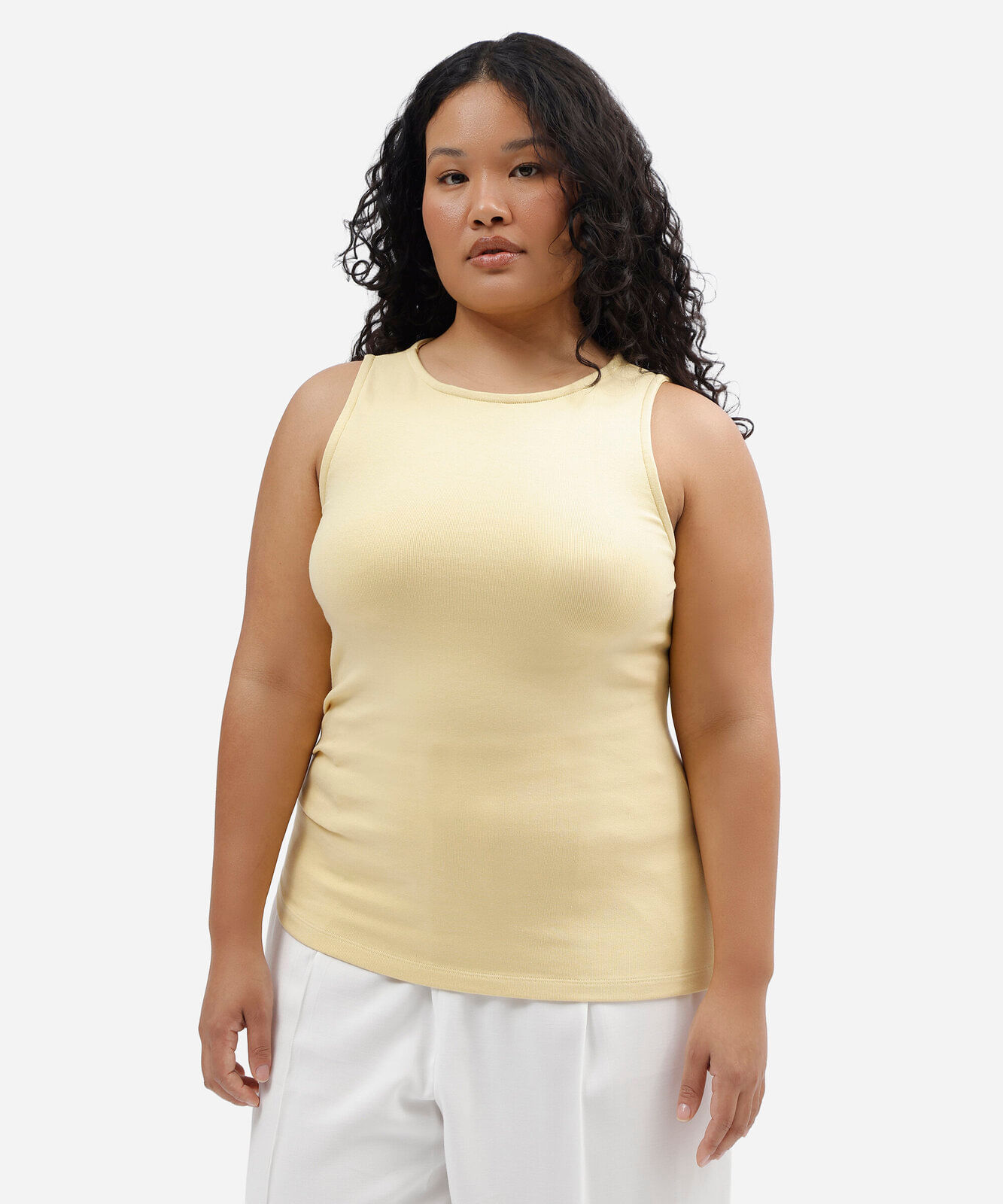 regata assimétrica feminina de algodão com pregas plus size amarela