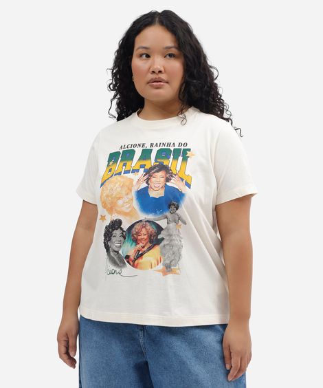 camiseta feminina de algodão manga curta alcione plus size off white