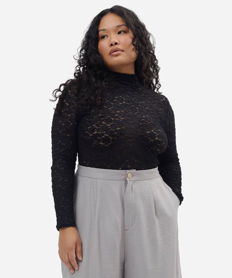blusa feminina de renda gola alta manga longa plus size floral preta