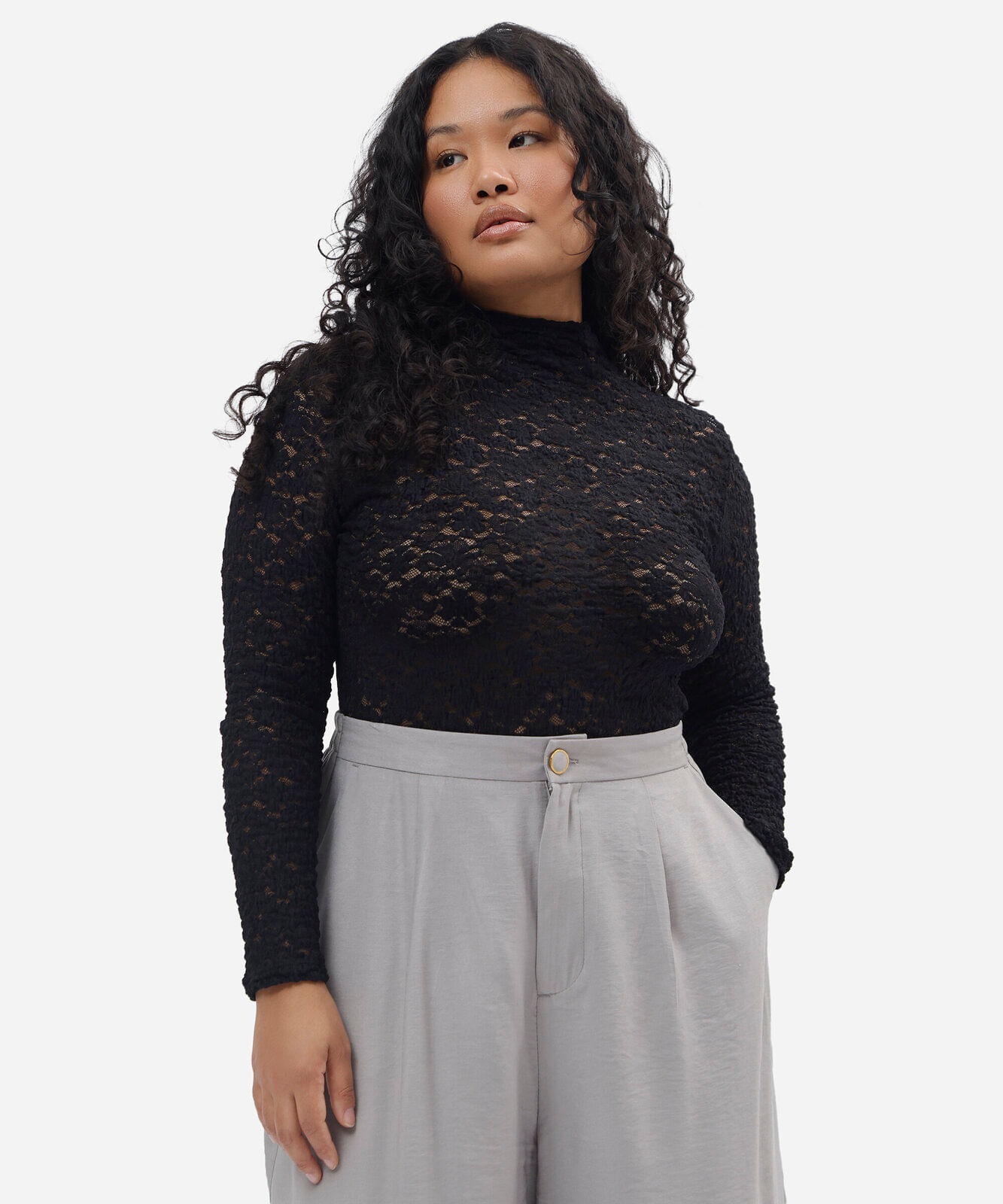 blusa feminina de renda gola alta manga longa plus size floral preta