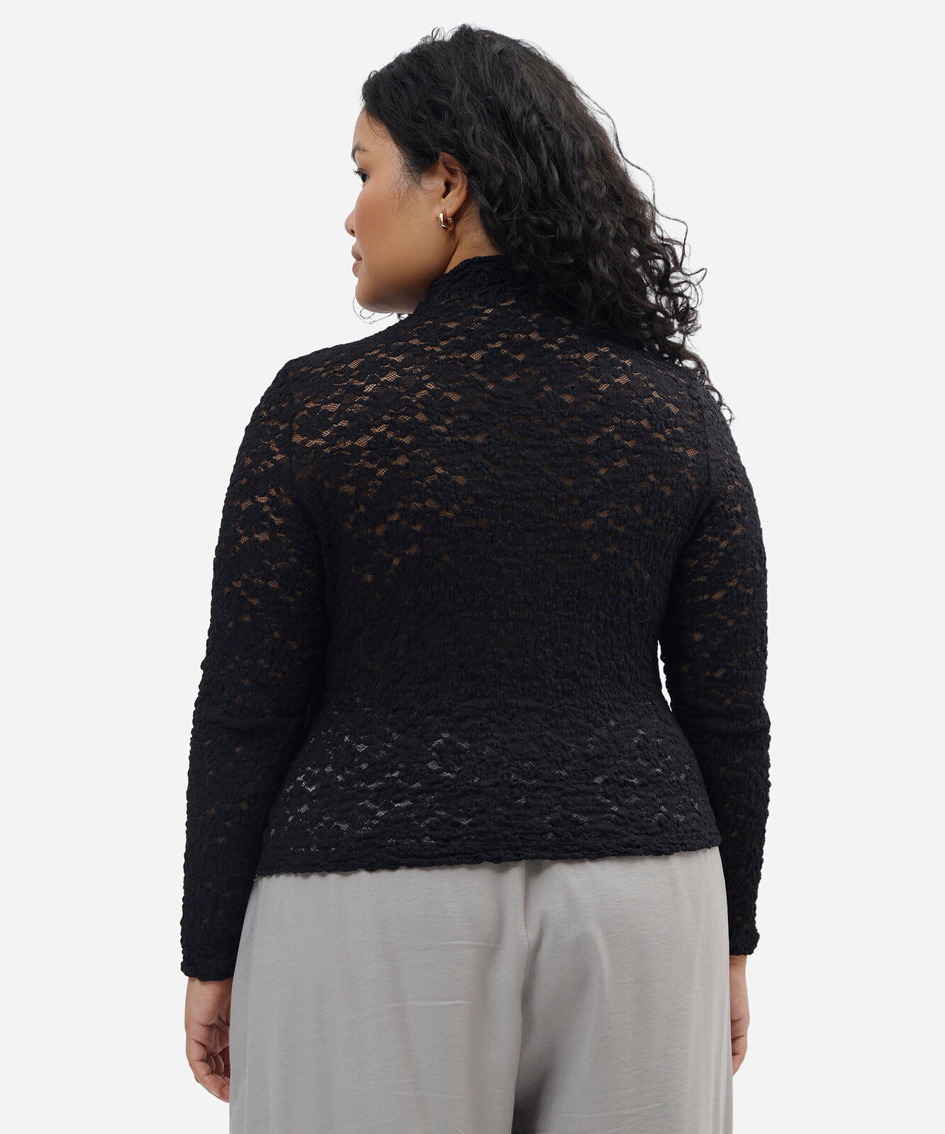 blusa feminina de renda gola alta manga longa plus size floral preta