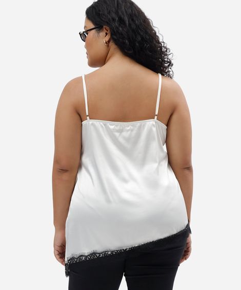 regata alça fina feminina com renda acetinada plus size off white