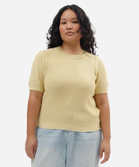 blusa feminina de tricot manga bufante texturizada plus size amarela