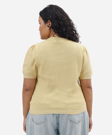 blusa feminina de tricot manga bufante texturizada plus size amarela
