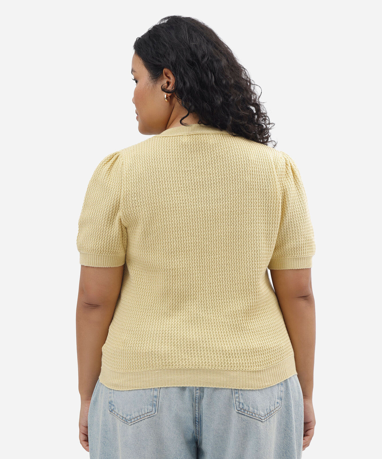 blusa feminina de tricot manga bufante texturizada plus size amarela