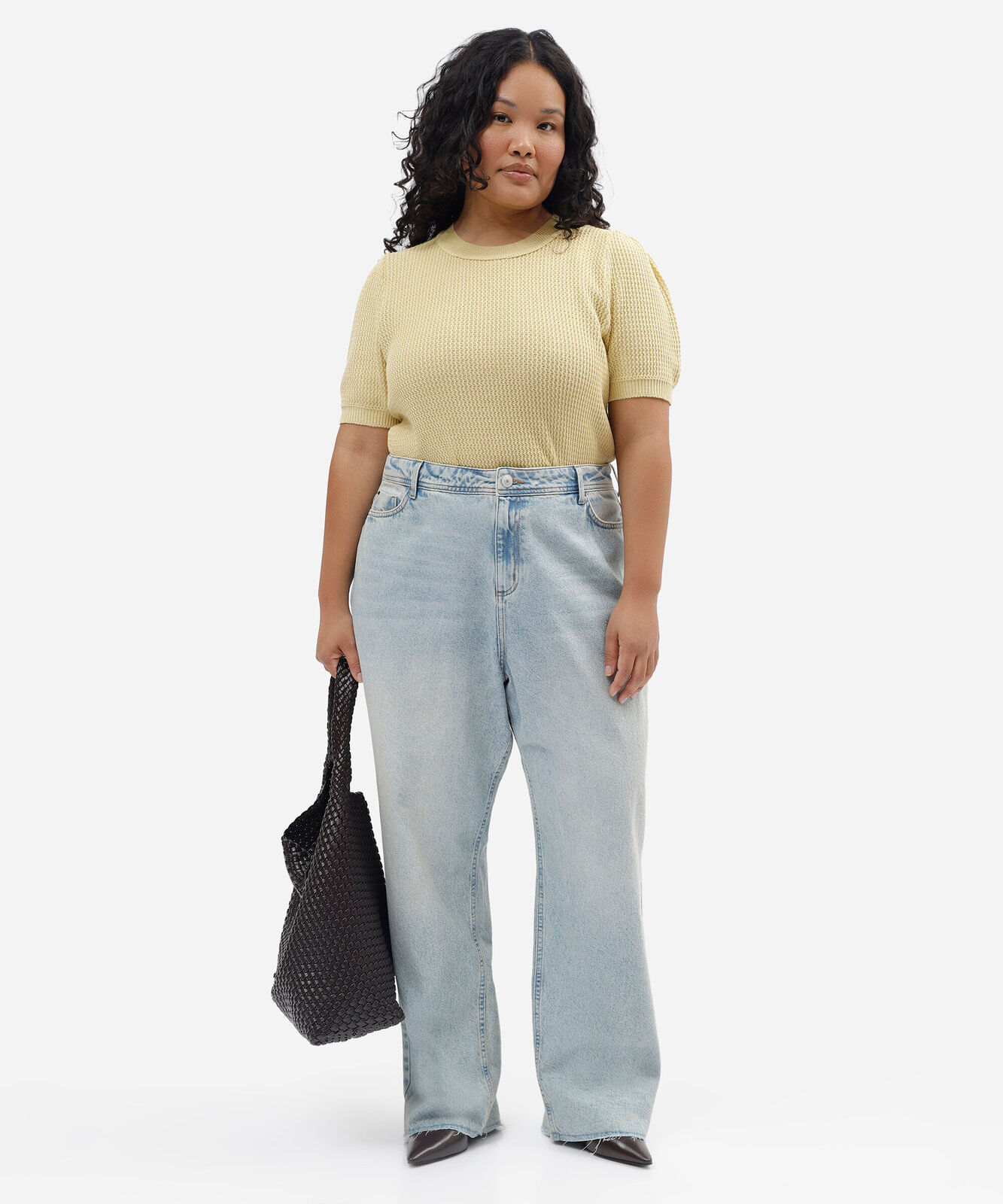 blusa feminina de tricot manga bufante texturizada plus size amarela