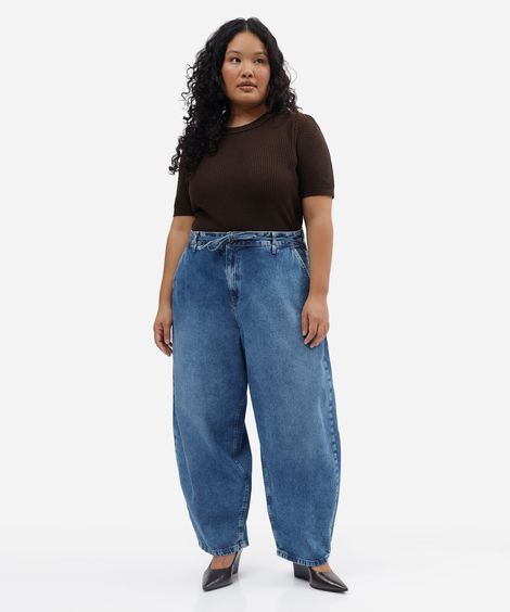 calça barrel feminina jeans com cordão plus size azul
