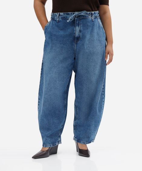 calça barrel feminina jeans com cordão plus size azul